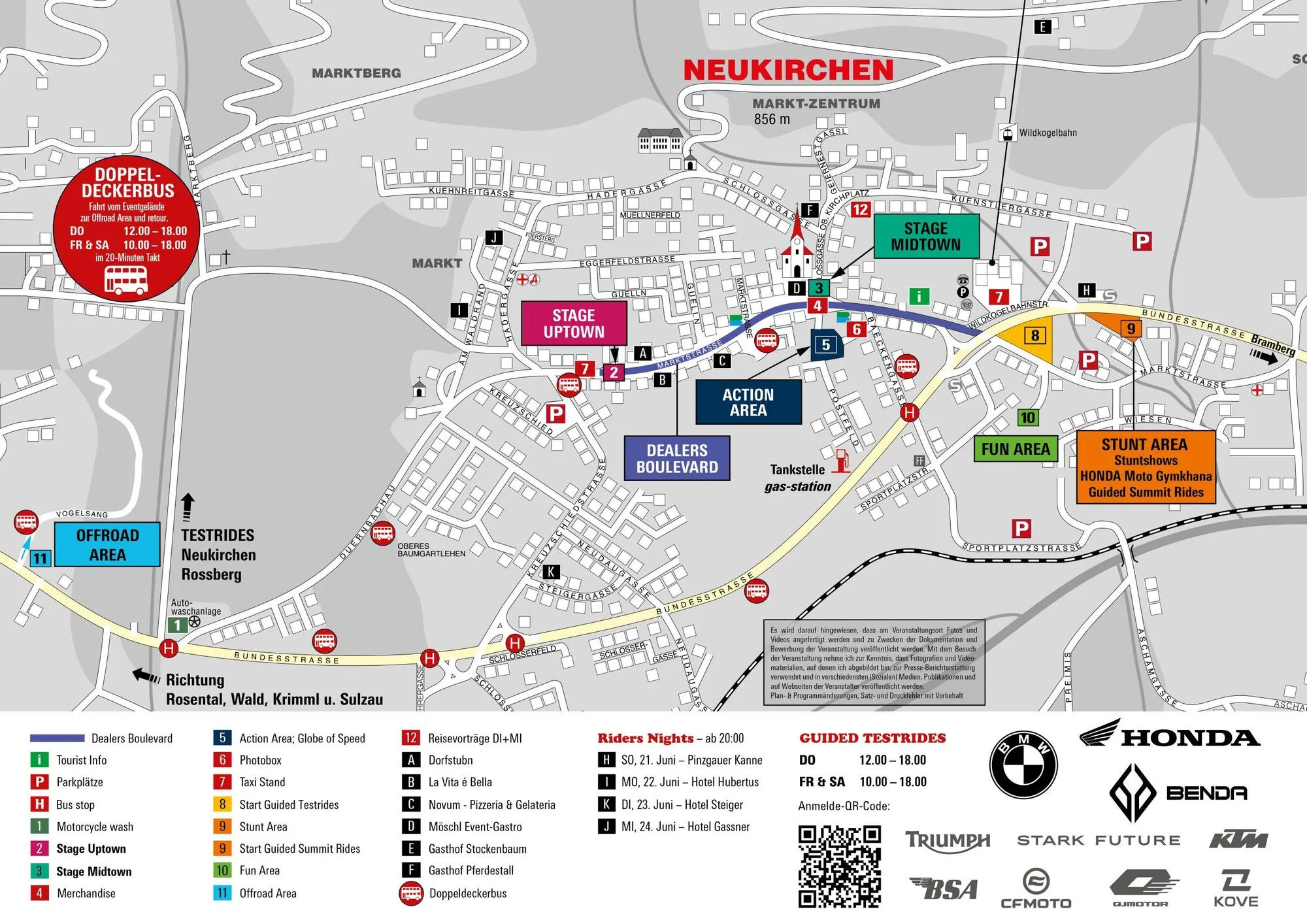 Lageplan 2026: Neukirchen mit Dealers Boulevard, Bühnen, Action Area, Stunt Area, Fun Area, Offroad Area, Parkplätzen und Bushaltestellen